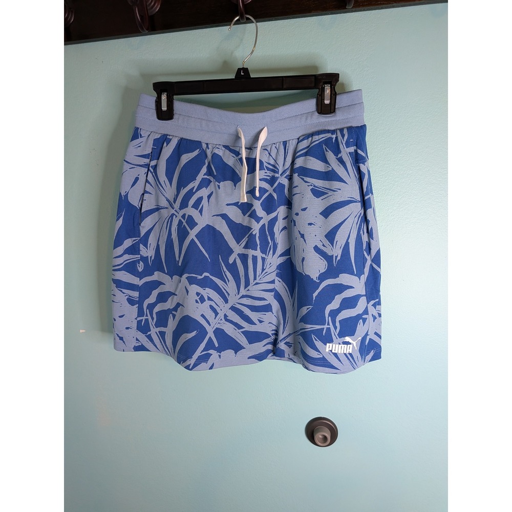 Puma‎ Womens Tropical Palm Leaf Print Sweat Shorts Blue Elastic Waist Large NEW